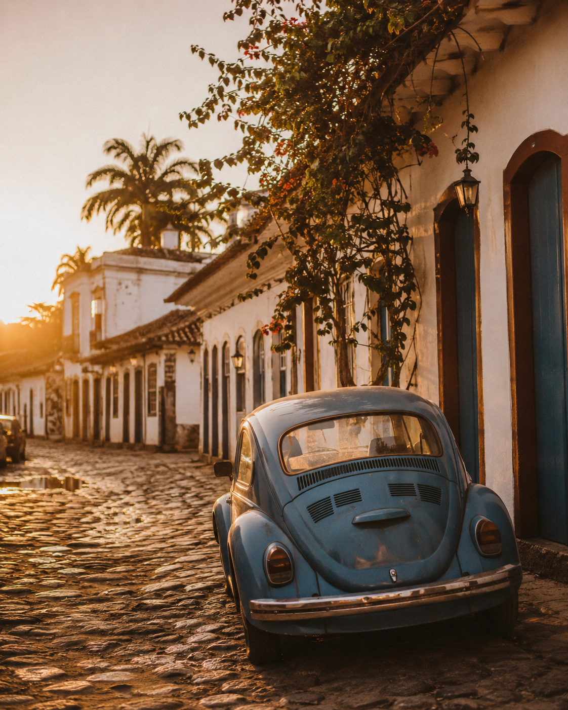 Referência visual para campanha Átame com fusca azul e centro histórico